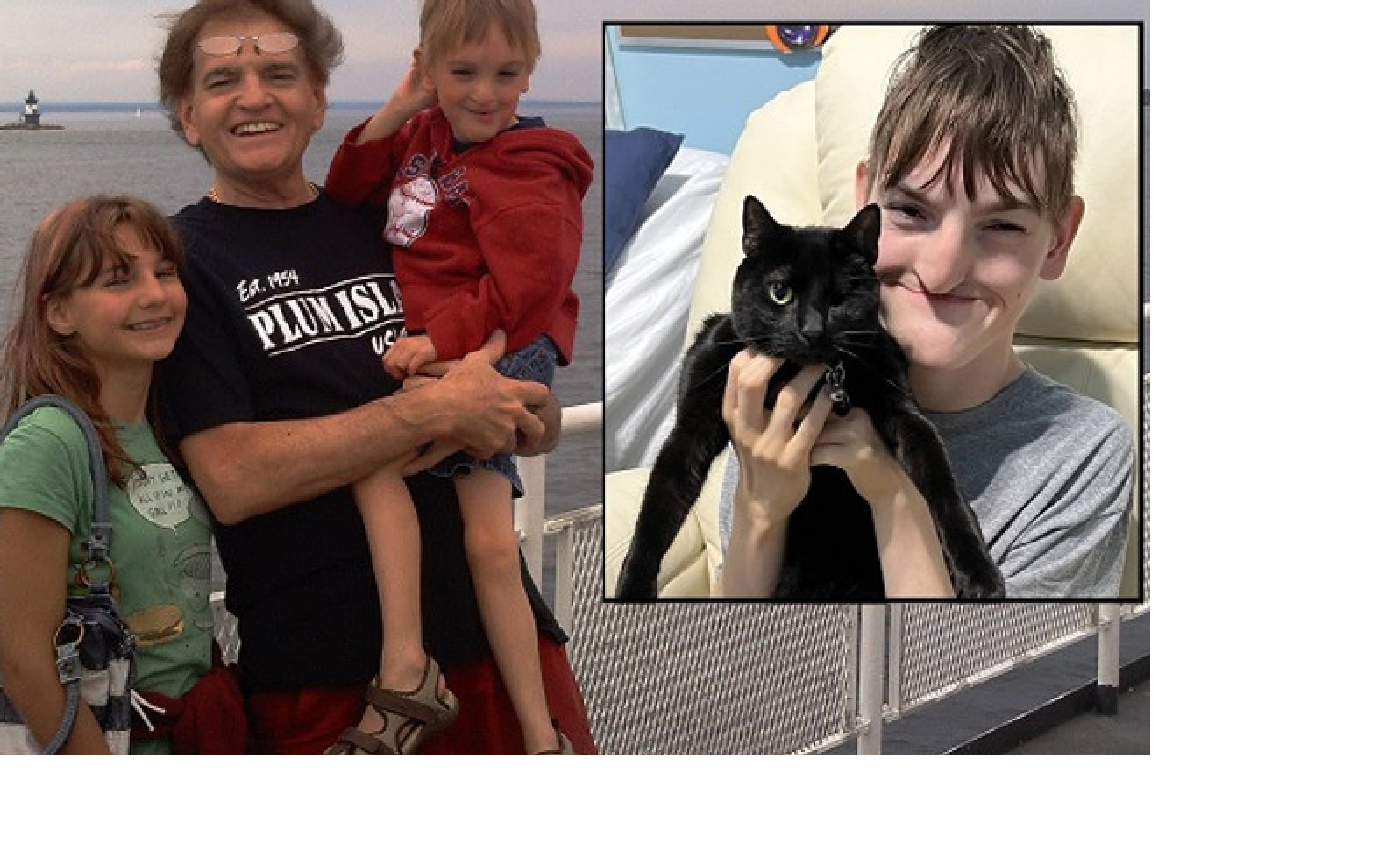 Zander pictured with his sister Amberly and his Dad, showing off his rescued one-eyed cat, Felix