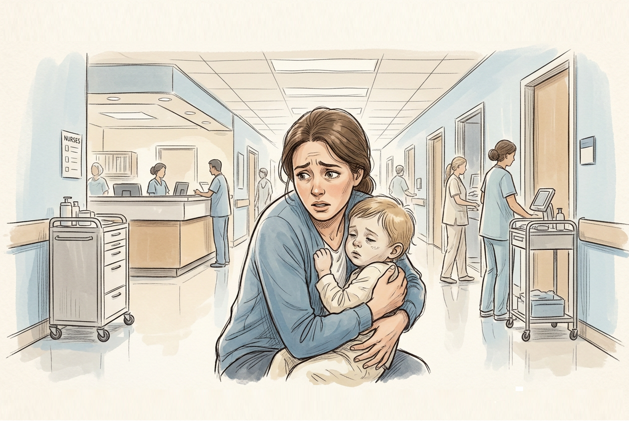 A worried mother carrying her child down a hospital hallway